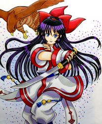 Rule 34 | 1girl, ainu clothes, artist name, blue eyes, breasts, fighting stance, fingerless gloves, gloves, hair ribbon, highres, legs, long hair, looking at viewer, mamahaha, nakoruru, pants, parted lips, purple hair, ribbon, samurai spirits, small breasts, smile, snk, the king of fighters, thighs, traditional media, weapon