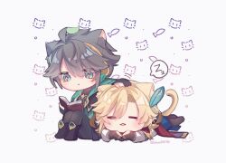 Rule 34 | 2boys, = =, ahoge, alhaitham (genshin impact), animal ears, artist name, black footwear, black gloves, black pants, black shirt, blonde hair, blue sash, book, boots, cape, cat, cat boy, cat ears, cat tail, chest jewel, chibi, closed eyes, closed mouth, commentary request, expressionless, feather hair ornament, feathers, fish, gem, genshin impact, gloves, green cape, green eyes, green gemstone, green hair, grey hair, hair between eyes, hair ornament, hand on another&#039;s head, headphones, highres, holding, holding book, kaveh (genshin impact), knees up, long hair, long sleeves, lying, male focus, multicolored hair, multiple boys, on stomach, open book, pants, parted bangs, partially fingerless gloves, reading, red cape, sakura11587158, sash, shirt, short hair, sidelocks, simple background, sitting, sleeping, sleeveless, sleeveless shirt, speech bubble, spoken zzz, swept bangs, tail, tongue, tongue out, twitter username, white background, white shirt, zzz