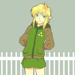 Rule 34 | 1boy, androgynous, arms behind back, blonde hair, fence, hood, hoodie, link, lowres, male focus, nintendo, picket fence, pointy ears, rito (kinokosoup), smile, solo, the legend of zelda, triforce, wooden fence