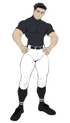 Rule 34 | 1boy, absurdres, bara, baseball uniform, black hair, blue hair, bulge, covered abs, covered navel, facial hair, full body, hands on own hips, highres, large pectorals, male focus, medium sideburns, muscular, muscular male, original, pants, pectorals, short hair, sideburns stubble, solo, sportswear, standing, stubble, thick eyebrows, thick thighs, thighs, tight clothes, tight pants, v-taper, yottsuu (wgnd2sywpqzrgjz)