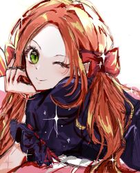 Rule 34 | 1girl, blue shirt, chocolat meilleure, commentary request, green eyes, hair ribbon, highres, korean commentary, looking at viewer, lying, one eye closed, orange hair, puffy short sleeves, puffy sleeves, red ribbon, ribbon, rueln o, shirt, short sleeves, smile, solo, sugar sugar rune, twintails
