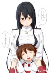 Rule 34 | 10s, 2girls, black hair, blush, breast rest, breasts, breasts on head, brown eyes, brown hair, closed eyes, commentary request, epaulettes, female admiral (kancolle), gloves, hands on another&#039;s chest, hands on another&#039;s wrists, highres, japanese clothes, kantai collection, kariginu, large breasts, long hair, magatama, military, military uniform, multiple girls, niwatazumi, open mouth, ryuujou (kancolle), sidelocks, sketch, tatebayashi sakurako, translation request, twintails, uniform