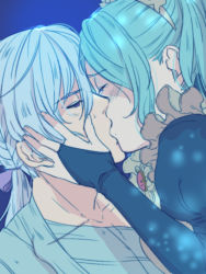 Rule 34 | 1boy, 1girl, blue background, blue hair, blush, bridal gauntlets, brooch, collar, dress, fire emblem, fire emblem fates, flora (fire emblem), frilled collar, frills, half-closed eyes, hand on another&#039;s face, hetero, jakob (fire emblem), jewelry, kh, kiss, long hair, maid headdress, nintendo, open clothes, open shirt, ponytail, shirt, tearing up, tears, twintails, white hair