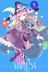 Rule 34 | absurdres, blue background, bow, brown hair, capelet, character name, crescent moon, dress, hair bow, hat, hat bow, hat ornament, highres, kirisame marisa, kirisame marisa (pc-98), light smile, long sleeves, looking to the side, moon, pantyhose, purple dress, purple eyes, purple footwear, purple pantyhose, seastar, shoes, simple background, smile, sparkle, symbol, touhou, touhou (pc-98), witch hat