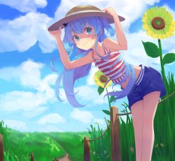 Rule 34 | 1girl, bent over, blue eyes, blue hair, blush, flower, hair ornament, hat, highres, holding, holding clothes, holding hat, long hair, looking at viewer, navel, noel (sora no method), outdoors, pushuun, shirt, shorts, sky, smile, sora no method, sunflower