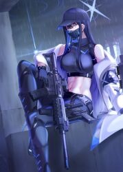 Rule 34 | 1girl, absurdres, bare shoulders, baseball cap, black hat, blue archive, blue eyes, blue gloves, blue hair, blue pants, blue shirt, breasts, cloud, cloudy sky, coat, commentary request, crop top, foot out of frame, gloves, gun, hair between eyes, hat, highres, holding, holding gun, holding weapon, knee up, large breasts, leggings, long hair, long sleeves, looking at viewer, mask, midriff, misono chiaki, mouth mask, navel, off shoulder, open clothes, open coat, pants, rain, rifle, saori (blue archive), shirt, sitting, sky, solo, stomach, thighs, weapon, white coat