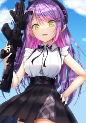 Rule 34 | 1girl, assault rifle, bad id, bad pixiv id, barbell piercing, bare arms, belt, beret, black bow, black bowtie, black hat, black skirt, blue sky, bow, bowtie, braid, breasts, collared shirt, colored inner hair, commentary, cowboy shot, demon girl, ear piercing, fang, french braid, frilled shirt, frills, green eyes, gun, h&amp;k hk416, hair bun, hair ornament, hairclip, hand on own hip, hand up, hat, highres, holding, holding gun, holding weapon, hololive, industrial piercing, long hair, looking at viewer, medium breasts, multicolored hair, nail polish, nidaime (doronbo), official alternate costume, one side up, open mouth, outdoors, piercing, pink hair, pink nails, pleated skirt, pointy ears, purple hair, rifle, shadow, shiny clothes, shirt, side bun, sidelocks, single side bun, skin fang, skirt, sky, solo, streaked hair, suspender skirt, suspenders, swept bangs, tokoyami towa, trigger discipline, virtual youtuber, weapon