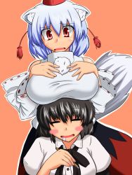 Rule 34 | 2girls, animal ears, bare shoulders, black hair, blush stickers, breast rest, breast suppress, breasts, breasts on head, closed eyes, detached sleeves, embarrassed, hand on own chest, hat, highres, inubashiri momiji, large breasts, monchan, multiple girls, open mouth, orange background, pen, pom pom (clothes), red eyes, saliva, shameimaru aya, short hair, silver hair, simple background, tail, tokin hat, touhou, wolf ears, wolf tail