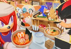 apron bat_girl blue_eyes bowl chef chopsticks commentary eating food fox_boy green_eyes highres indoors knuckles_the_echidna looking_at_another multiple_tails nights_(character) nights_into_dreams noodles one_eye_closed plate purple_eyes ramen red_eyes restaurant rouge_the_bat shadow_the_hedgehog shoes silver_the_hedgehog socks sonic_(series) sonic_the_hedgehog sweat symbol-only_commentary tail tails_(sonic) tokiwa757 two_tails unworn_shoes white_socks yellow_eyes