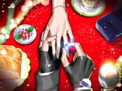 Rule 34 | 1boy, 1girl, apex legends, berry, blue nails, bracelet, bread, close-up, crypto (apex legends), fingerless gloves, food, from above, gloves, highres, jewelry, mozuwaka, nail polish, ornate ring, ring, watch, wattson (apex legends), wedding ring, wristwatch