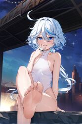 Rule 34 | 1girl, :d, absurdres, ahoge, bare shoulders, barefoot, blue eyes, blush, breasts, commentary request, crossed legs, feet, foot out of frame, furina (genshin impact), genshin impact, hair intakes, highres, long hair, looking at viewer, night, night sky, one-piece swimsuit, open mouth, outdoors, radoremo, sitting, sky, small breasts, smile, soles, solo, star (sky), swimsuit, toes, very long hair, white hair, white one-piece swimsuit