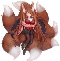 Rule 34 | 1girl, animal ear fluff, animal ears, black skirt, blush, boots, breasts, brown footwear, brown hair, brown pantyhose, closed mouth, commentary, crossed arms, dated, english commentary, fluffy, fox ears, fox tail, full body, green eyes, highres, jacket, large breasts, long hair, long sleeves, looking at viewer, miniskirt, multiple tails, off shoulder, original, pantyhose, pink jacket, plushmallow, red vest, shirt, signature, simple background, skirt, smile, solo, tail, temachii, twintails, very long hair, vest, white background, white shirt