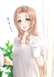 Rule 34 | 1girl, aerith gainsborough, alternate costume, blush, breasts, brown hair, casual, cup, curtains, final fantasy, final fantasy vii, final fantasy vii remake, green eyes, hair down, highres, holding, holding cup, indoors, long hair, looking at viewer, medium breasts, nalu, open mouth, parted bangs, plant, shirt, sidelocks, smile, solo, t-shirt, teeth, twitter username, upper teeth only, wavy hair, white shirt