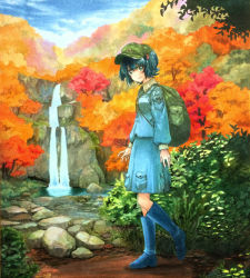 Rule 34 | 1girl, autumn leaves, backpack, bag, blue eyes, blue footwear, blue hair, boots, cloud, day, grass, hair bobbles, hair ornament, hat, hill, kawashiro nitori, key, looking at viewer, looking to the side, marker (medium), matching hair/eyes, millipen (medium), mixed media, outdoors, rock, rubber boots, scenery, shiratama (hockey), short hair, sky, smile, solo, touhou, traditional media, tree, two side up, walking, water, waterfall