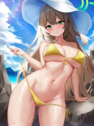 Rule 34 | 1girl, absurdres, bare arms, bare shoulders, bikini, blue archive, breasts, brown hair, cowboy shot, day, front-tie bikini top, front-tie top, gluteal fold, green eyes, halo, halterneck, hat, highres, hwa sawa, large breasts, long hair, looking at viewer, navel, nonomi (blue archive), nonomi (swimsuit) (blue archive), official alternate costume, outdoors, side-tie bikini bottom, skindentation, smile, solo, standing, stomach, strap gap, string bikini, sun hat, swimsuit, thighs, untied bikini, very long hair, wet, white hat, yellow bikini