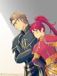 Rule 34 | 1boy, 1girl, absurdres, armor, belt, black armor, brown hair, closed eyes, closed mouth, crossed arms, eyepatch, fire emblem, fire emblem: path of radiance, haar (fire emblem), highres, jill (fire emblem), long hair, nintendo, nishimura (shinchinagachi), one-hour drawing challenge, ponytail, red armor, red eyes, red hair, short hair, simple background, twitter username
