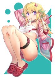 Rule 34 | 1girl, blonde hair, breasts, crocs, female focus, hair ornament, highres, hood, jacket, legs, mitake eil, mouth hold, original, ponytail, purple eyes, signature, smile, solo, star (symbol), star hair ornament, strapless, thigh strap, tube top