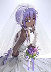 Rule 34 | 1girl, absurdres, almic, bare shoulders, blush, bouquet, breasts, bridal veil, collar, dark-skinned female, dark skin, dress, fate/prototype, fate/prototype: fragments of blue and silver, fate (series), flower, hair between eyes, hassan of serenity (fate), highres, looking at viewer, parted lips, purple eyes, purple hair, short hair, solo, veil, wedding dress