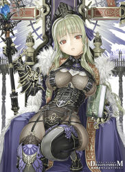 Rule 34 | 1girl, armor, bodystocking, book, boots, breasts, cape, corset, cross, crown, dragon emblem, gauntlets, hair ribbon, long hair, nakabayashi reimei, red eyes, ribbon, ringlets, skindentation, solo, staff, thigh boots, thighhighs, throne, wide hips