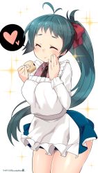Rule 34 | 10s, 1girl, 2015, antenna hair, apron, blue hair, blush, closed eyes, dated, eating, hair ribbon, hand on own cheek, hand on own face, heart, highres, image sample, irako (kancolle), kantai collection, kappougi, kuro chairo no neko, long hair, long sleeves, necktie, paw print, ponytail, ribbon, simple background, solo, sparkle, speech bubble, spoken heart, twitter username, white background