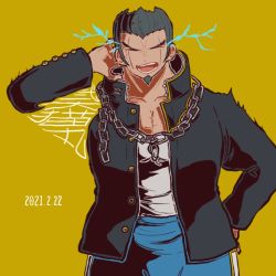 Rule 34 | 1boy, black jacket, blue pants, chain, chain, collarbone, commentary request, danganronpa (series), danganronpa 2: goodbye despair, dated, energy, closed eyes, facial hair, facing viewer, goatee, gold chain, grey shirt, hair slicked back, hand on head, hand up, jacket, kiri (2htkz), long sleeves, male focus, nidai nekomaru, open clothes, open jacket, open mouth, pants, pectorals, shirt, shirt tucked in, short hair, simple background, trembling, yellow background