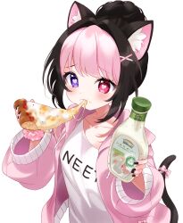 1girl absurdres animal_ears artist_request black_hair blush bottle darlingstrawb eating egg_pizza food hair_ornament heart heart-shaped_pupils heterochromia highres indie_virtual_youtuber jacket mayonnaise multicolored_hair nails pink_hair pizza pizza_slice shirt symbol-shaped_pupils tail two-tone_hair virtual_youtuber white_background white_shirt x_hair_ornament