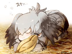 Rule 34 | 10s, 1girl, :3, closed eyes, commentary request, gradient hair, head wings, kemono friends, long hair, lying, multicolored hair, on stomach, pantyhose, shoebill (kemono friends), silver hair, sleeping, solo, straw (stalk), tail, tanaka kusao, translation request, twitter username, wings