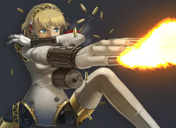 Rule 34 | 1girl, aegis (persona), android, arm cannon, atlus, blonde hair, fire, firing, fire, itou (onsoku tassha), outstretched arm, persona, persona 3, short hair, smoke, solo, weapon