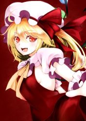Rule 34 | 1girl, alternate costume, blonde hair, breasts, crystal, fang, flandre scarlet, happy, hat, hat ribbon, laughing, looking at viewer, open mouth, outstretched arm, puffy sleeves, red eyes, red ribbon, red skirt, ribbon, side ponytail, sideboob, skirt, small breasts, solo, touhou, utakata (kochou no yume), wings, yellow ribbon