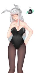 Rule 34 | 1girl, animal ears, arknights, black leotard, black pantyhose, blush, breasts, cleavage, collarbone, dated commentary, feet out of frame, grey eyes, grey hair, groin, highres, inniyik, large breasts, leotard, long hair, looking at viewer, open mouth, pantyhose, playboy bunny, rabbit ears, savage (arknights), sidelocks, solo, strapless, strapless leotard