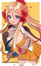 Rule 34 | 1girl, :d, bad id, bad twitter id, bikini, bikini top only, blue eyes, blush, border, breasts, cleavage, copyright request, cowboy shot, fang, flower, hair flower, hair ornament, highres, large breasts, leaning forward, long hair, looking at viewer, misumi (macaroni), navel, open mouth, orange bikini, orange hair, orange ribbon, orange skirt, pleated skirt, ponytail, red flower, ribbon, skirt, smile, solo, swimsuit, thighhighs, white border, white thighhighs, yellow background