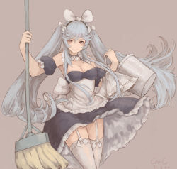 Rule 34 | 10s, 1girl, airhead, alternate costume, alternate hairstyle, apron, bad id, bad pixiv id, blue dress, breasts, broom, brown eyes, bucket, canc (carinacan), collarbone, cowboy shot, detached sleeves, dress, enmaided, garter straps, granblue fantasy, hair between eyes, highres, holding, holding broom, holding bucket, large breasts, long hair, looking at viewer, magisa (granblue fantasy), maid, maid apron, off shoulder, pink background, short dress, silver hair, simple background, smile, solo, thighhighs, twintails, very long hair, white thighhighs