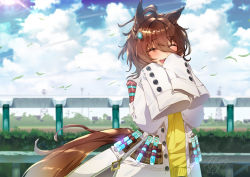 Rule 34 | 1girl, agnes tachyon (umamusume), ahoge, animal ears, blurry, blurry background, blush, brown hair, bush, closed mouth, cloud, cloudy sky, commentary request, cowboy shot, day, earrings, grass, hands up, highres, horse ears, horse girl, horse tail, jewelry, lab coat, lens flare, medium hair, open mouth, outdoors, signature, single earring, sky, sleeves past fingers, sleeves past wrists, smile, solo, sweater, tail, test tube, transmission tower, umamusume, yanyo (ogino atsuki), yellow sweater