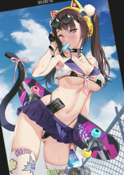 Rule 34 | 1girl, animal ear headphones, animal ears, arm up, armpits, axent wear, bare shoulders, bell, bikini, bikini under clothes, black bikini, black choker, black gloves, black hair, blue skirt, bracelet, breasts, cameltoe, cat ear headphones, cat tail, cellphone, choker, cleavage, cleft of venus, contrapposto, cowboy shot, eyewear on head, fake animal ears, fingerless gloves, food, gloves, gluteal fold, halterneck, headphones, highleg, highleg bikini, highres, jewelry, jingle bell, long hair, looking at viewer, medium breasts, mhk (mechamania), micro bikini, microskirt, midriff, mouth hold, navel, neckerchief, original, outdoors, phone, pink eyes, pleated skirt, popsicle, revealing clothes, sailor collar, shirt, skateboard, skirt, sleeveless, sleeveless shirt, smartphone, solo, standing, stomach, string bikini, sunglasses, swimsuit, tail, tail raised, thighhighs, thighs, twintails, wet, white shirt, white thighhighs