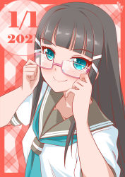 Rule 34 | 1girl, absurdres, aqua eyes, artist name, artist request, bb/bj, black hair, blush, breasts, bunji, collarbone, female focus, glasses, green eyes, green neckwear, hair ornament, hairclip, highres, holding glasses, kurosawa dia, long hair, long sleeves, looking at viewer, love live!, love live! sunshine!!, mole, mole under mouth, neckerchief, necktie, neckwear request, parted lips, sailor collar, school uniform, shirt, small breasts, smile, solo, uranohoshi school uniform, white shirt
