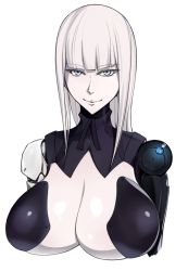 Rule 34 | 1girl, blame!, blue eyes, blunt bangs, breasts, cibo, cyborg, huge breasts, joints, long hair, looking at viewer, pale skin, robot joints, shoujo donburi, silver hair, simple background, smile, white background