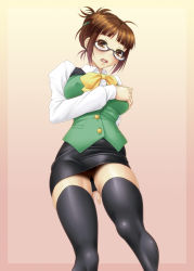 Rule 34 | 1girl, akizuki ritsuko, ayato, bad id, bad pixiv id, black thighhighs, bow, bowtie, breasts, brown eyes, brown hair, cosplay, covered erect nipples, d:, female pubic hair, folded ponytail, from below, glasses, grabbing, grabbing another&#039;s breast, gradient background, hand on own chest, highres, idolmaster, idolmaster (classic), large breasts, legs, looking at viewer, looking down, miniskirt, no panties, office lady, open mouth, otonashi kotori, otonashi kotori (cosplay), pencil skirt, pink background, pubic hair, pussy, short hair, sidelocks, simple background, skirt, solo, standing, thighhighs, thighs, uncensored, yellow bow, yellow bowtie
