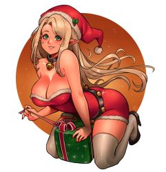 Rule 34 | 1girl, absurdres, bell, blonde hair, breasts, christmas, christmas ornaments, cleavage, dress, elf, gift, green eyes, high heels, highres, kneeling, large breasts, neck bell, original, pointy ears, ravenousruss, red dress, red headwear, simple background, solo, thighhighs, white thighhighs