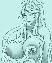 Rule 34 | 1girl, aqua theme, arms at sides, grabbing another&#039;s breast, breasts, circlet, closed eyes, eyebrows, fire emblem, fire emblem fates, grabbing, hair ornament, highres, huge breasts, lactation, large areolae, lips, long hair, mature female, mikoto (fire emblem), mole, mole on breast, mole under mouth, monochrome, nintendo, nipple penetration, nipples, nude, parted lips, pokemilf, ponytail, sidelocks, solo, standing, tentacles, upper body, very long hair