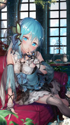 Rule 34 | 1girl, arm support, birdcage, blue eyes, blue hair, blue shirt, bridal gauntlets, bridge, cage, closed mouth, commentary request, cookie, day, detached sleeves, fingernails, food, head tilt, highres, indoors, kneehighs, long hair, long sleeves, looking at viewer, macaron, original, saraki, shirt, single kneehigh, single sock, single thighhigh, sitting, skirt, sleeveless, sleeveless shirt, socks, solo, sunlight, teapot, thighhighs, tiered tray, very long hair, white skirt, white socks, wide sleeves, window