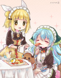 Rule 34 | 2girls, alternate costume, apron, bacon, biyon, black dress, black neckwear, blonde hair, blue hair, blunt bangs, bow, bowtie, bright pupils, closed eyes, commentary request, double bun, dress, drinking straw, eating, egg (food), enmaided, flower, food, food in mouth, food on face, glass, green headwear, hair bun, hair ribbon, haniwa (statue), haniyasushin keiki, head scarf, holding, jewelry, joutouguu mayumi, long hair, magatama, magatama necklace, maid, maid day, multiple girls, napkin, necklace, open mouth, pancake, polka dot, polka dot background, ribbon, short sleeves, sitting, smile, sparkle, sunny side up egg, table, tablecloth, touhou, white ribbon, yellow dress, yellow eyes