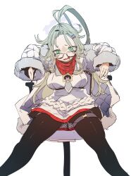 Rule 34 | 1girl, absurdres, ahoge, black-framed eyewear, black pantyhose, blue archive, coat, ddari, fingernails, fur-trimmed coat, fur trim, furrowed brow, glasses, green eyes, hair ornament, hairclip, highres, holding, holding pen, huge ahoge, light green hair, long hair, looking at viewer, meru (blue archive), on chair, open mouth, pantyhose, pen, red scarf, scarf, simple background, sitting, solo, white background, white coat