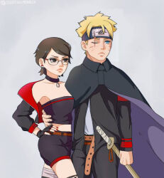 belt blonde_hair boruto:_two_blue_vortex cloak earrings jacket jewelry necktie one_eye_closed short_hair shorts simple_background sword uchiha_sarada uzumaki_boruto weapon