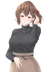 Rule 34 | 1girl, alternate costume, black sweater, blush, breasts, brown hair, brown skirt, ear piercing, hair between eyes, hair ribbon, high-waist skirt, highres, ise (kancolle), jewelry, kantai collection, large breasts, long sleeves, necklace, piercing, ponytail, red eyes, ribbon, simple background, skirt, smile, solo, sweater, takomeshi, turtleneck, turtleneck sweater, white background