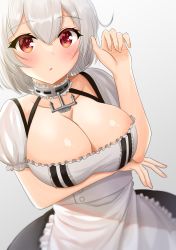 Rule 34 | 1girl, :o, absurdres, anchor choker, apron, arm under breasts, azur lane, blush, breasts, cleavage, collarbone, commentary, dutch angle, fingernails, gradient background, grey background, hand up, highres, large breasts, looking at viewer, maid apron, onabe no shime, parted lips, puffy short sleeves, puffy sleeves, red eyes, short hair, short sleeves, silver hair, simple background, sirius (azur lane), solo, standing, upper body