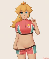 Rule 34 | 1girl, absurdres, artist name, blonde hair, blue eyes, breasts, cleft of venus, clothes pull, highres, lipstick, makeup, mario (series), midriff, navel, nintendo, ponytail, princess, princess peach, pussy, shorts, shorts pull, small breasts, smile, soccer uniform, sportswear, super mario strikers, thighs, undressing, v