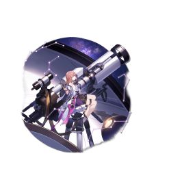 Rule 34 | 1girl, absurdres, asta (honkai: star rail), closed mouth, full body, highres, honkai: star rail, honkai (series), looking at viewer, looking back, official art, pink hair, purple eyes, sitting, sky, smile, solo, star (sky), starry sky, telescope, transparent background
