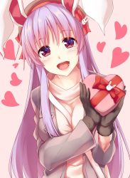 Rule 34 | 1girl, alternate costume, animal ears, beret, black gloves, blush, bow, box, rabbit hair ornament, casual, commentary request, contemporary, gloves, grey jacket, hair ornament, hat, hat bow, heart, heart-shaped box, hisae (hisae collect), holding, jacket, long hair, long sleeves, open mouth, pink background, purple hair, rabbit ears, red bow, red eyes, reisen udongein inaba, shirt, sidelocks, simple background, smile, solo, touhou, upper body, very long hair, white shirt