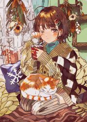 Rule 34 | 1girl, ahoge, animal, animal on lap, aqua shirt, aran sweater, bare tree, beige sweater, blush, brown eyes, brown hair, buchi (qooo003), cable knit, cat, cat on lap, closed mouth, commentary request, cup, curtains, cushion, fingernails, flower, food, full body, grey thighhighs, hair ornament, hairclip, hands up, highres, holding, holding cup, indoors, long sleeves, looking at viewer, marshmallow, medium hair, messy hair, mug, on lap, one eye closed, orange cat, original, picture frame, poncho, ribbed legwear, rubbing eyes, seiza, shirt, sitting, sleeves past wrists, snowflake print, solo, split mouth, steam, sweater, thighhighs, tree, turtleneck, wall, white cat, white flower, window