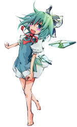 Rule 34 | 1girl, aqua hair, bad id, bad pixiv id, barefoot, blue eyes, blush, blush stickers, bow, cirno, dain, dress, female focus, hair bow, neck ribbon, open mouth, ribbon, short hair, solo, embodiment of scarlet devil, touhou, wings